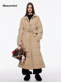 BUM STUDIO Vintage Lapel Tie Waist Longline Women's Nylon Cotton Filled Puffer Coats
