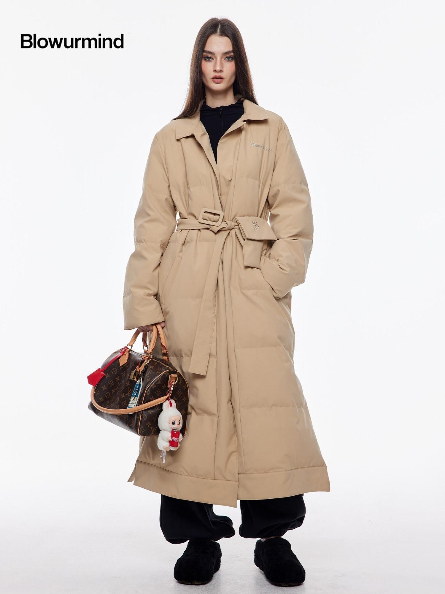 BUM STUDIO Vintage Lapel Tie Waist Longline Women's Nylon Cotton Filled Puffer Coats