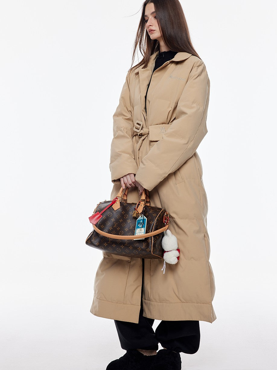 BUM STUDIO Vintage Lapel Tie Waist Longline Women's Nylon Cotton Filled Puffer Coats
