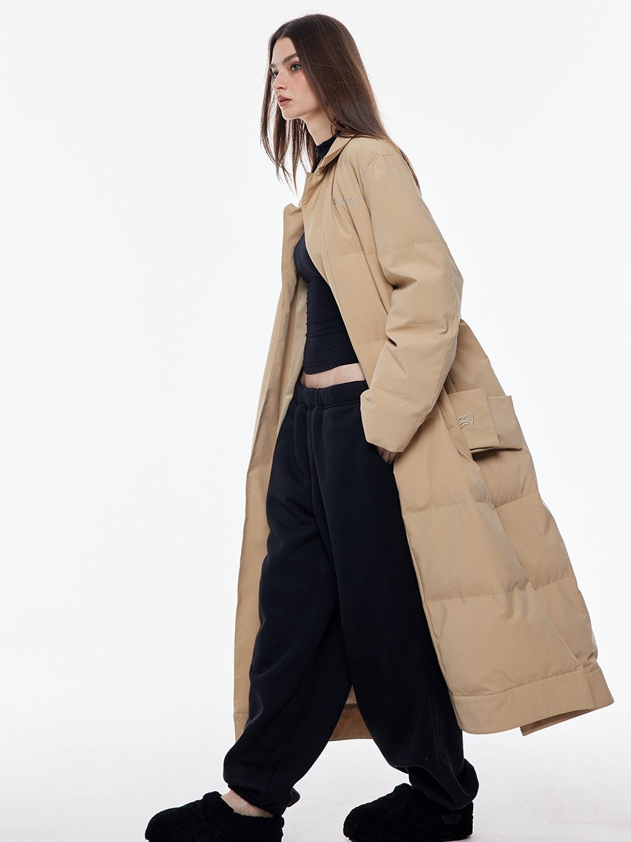 BUM STUDIO Vintage Lapel Tie Waist Longline Women's Nylon Cotton Filled Puffer Coats