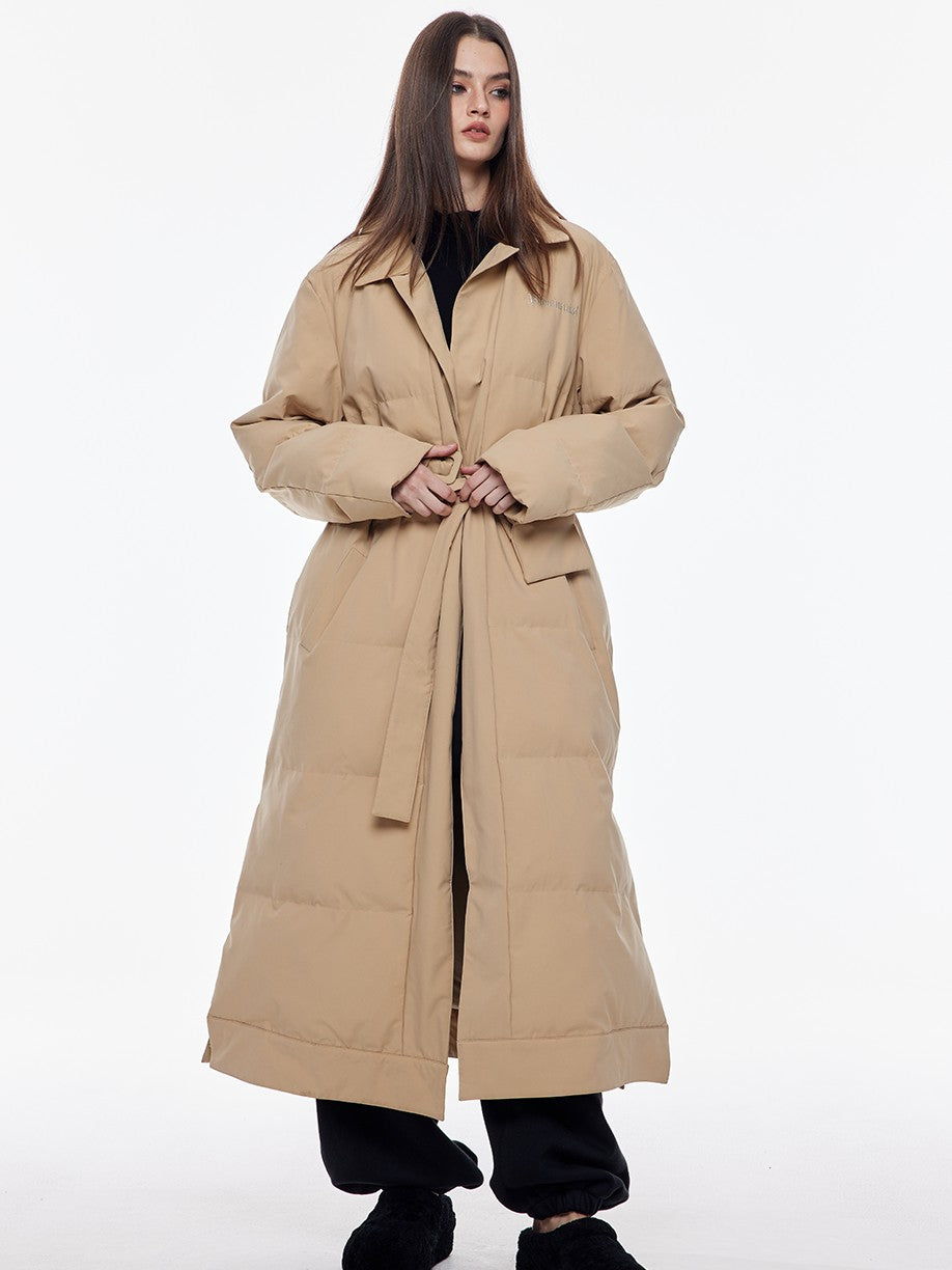 BUM STUDIO Vintage Lapel Tie Waist Longline Women's Nylon Cotton Filled Puffer Coats