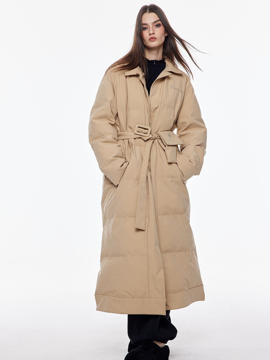 BUM STUDIO Vintage Lapel Tie Waist Longline Women's Nylon Cotton Filled Puffer Coats