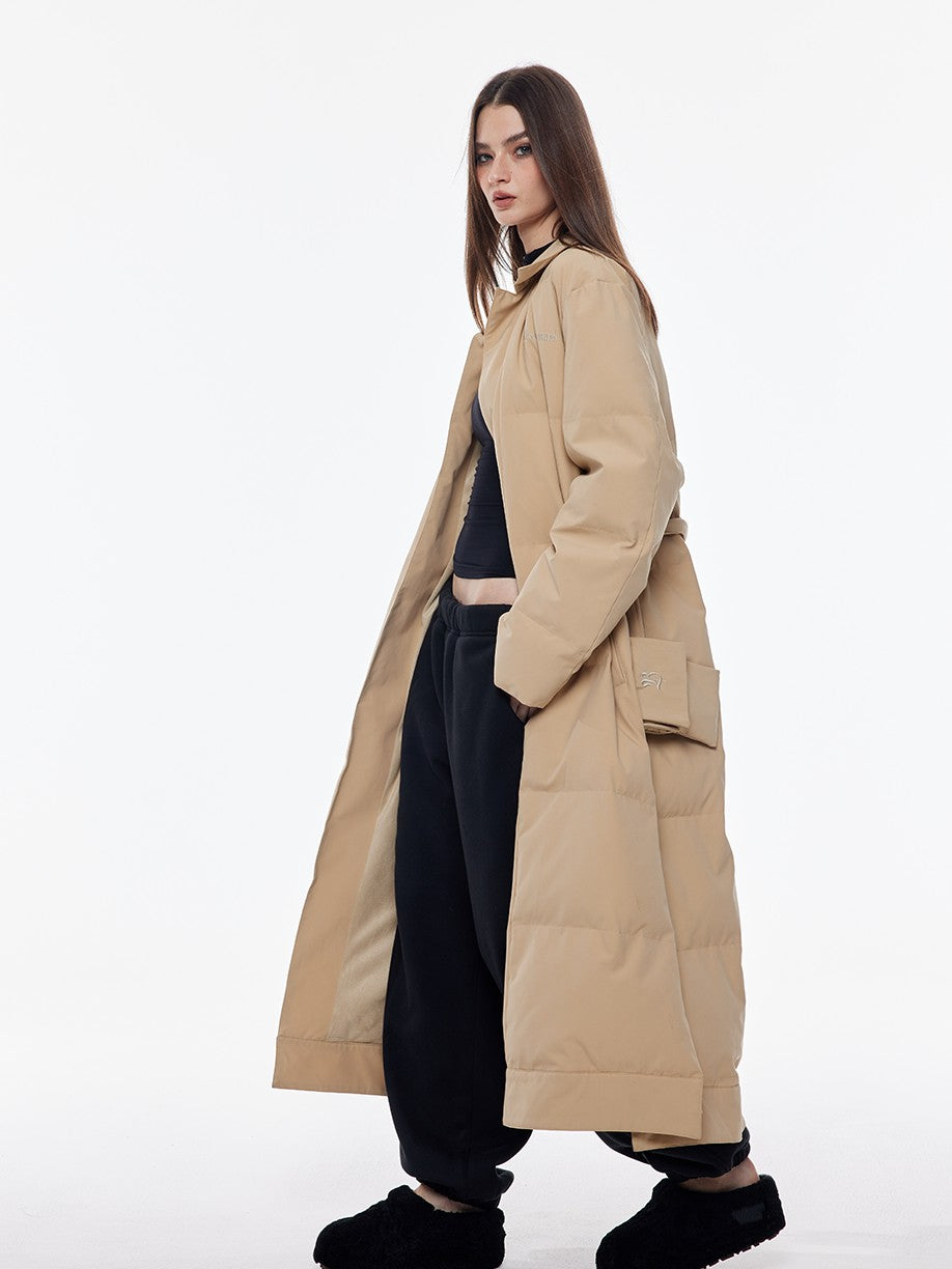 BUM STUDIO Vintage Lapel Tie Waist Longline Women's Nylon Cotton Filled Puffer Coats