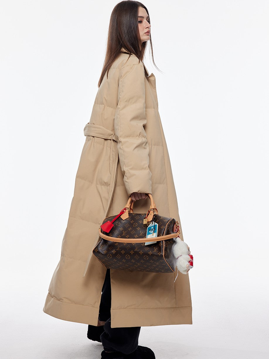 BUM STUDIO Vintage Lapel Tie Waist Longline Women's Nylon Cotton Filled Puffer Coats