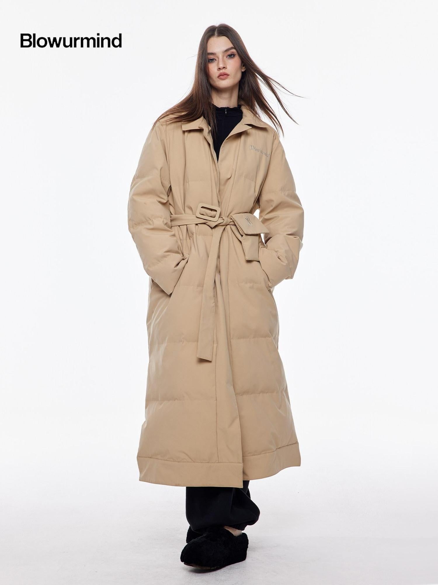 BUM STUDIO Vintage Lapel Tie Waist Longline Women's Nylon Cotton Filled Puffer Coats