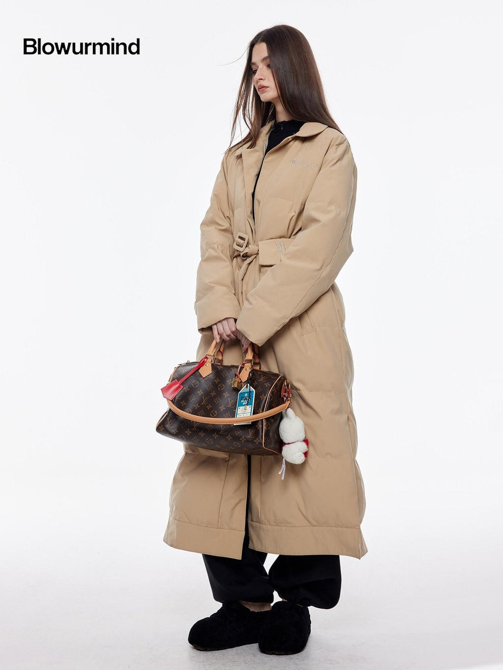 BUM STUDIO Vintage Lapel Tie Waist Longline Women's Nylon Cotton Filled Puffer Coats