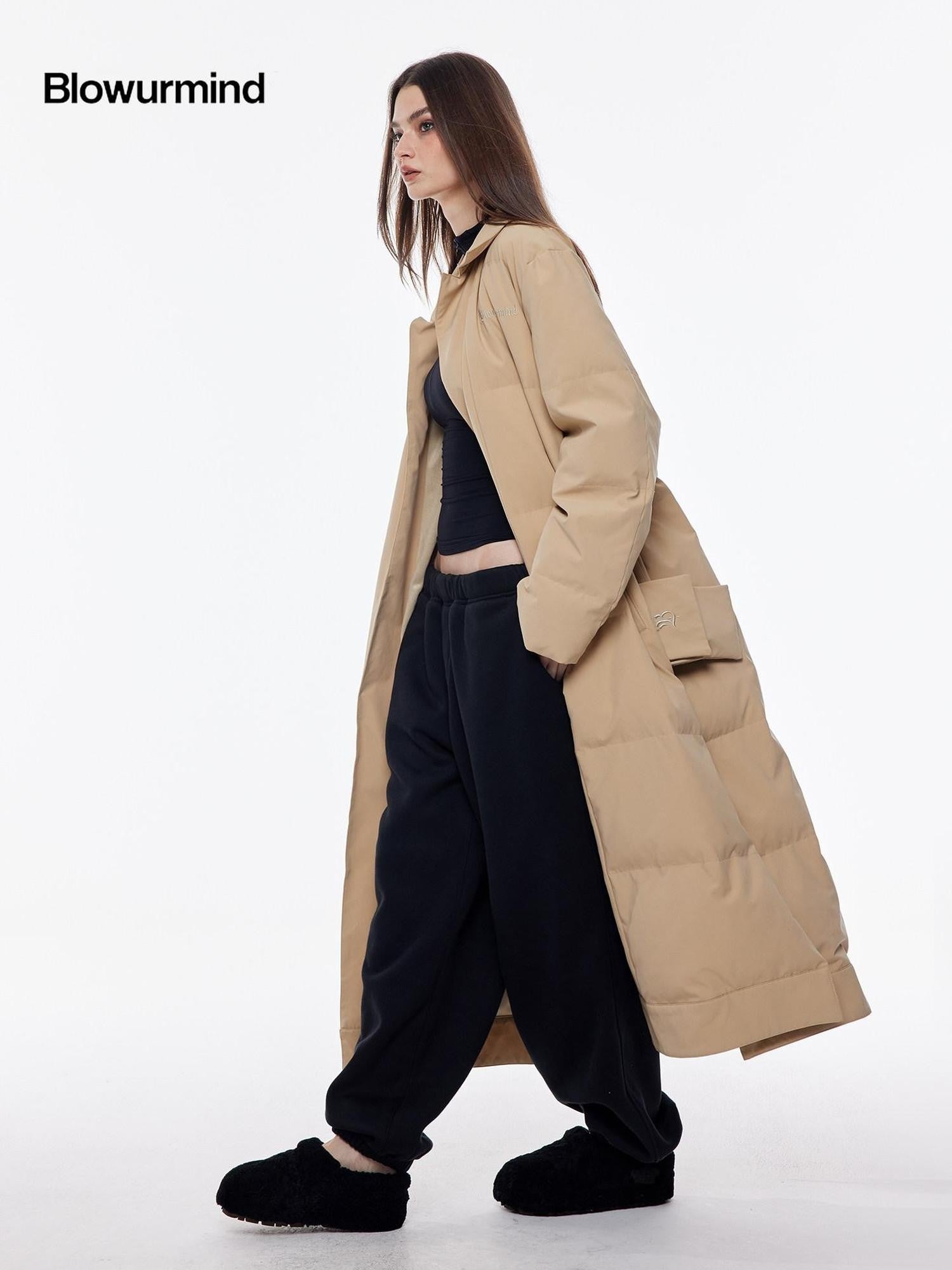 BUM STUDIO Vintage Lapel Tie Waist Longline Women's Nylon Cotton Filled Puffer Coats