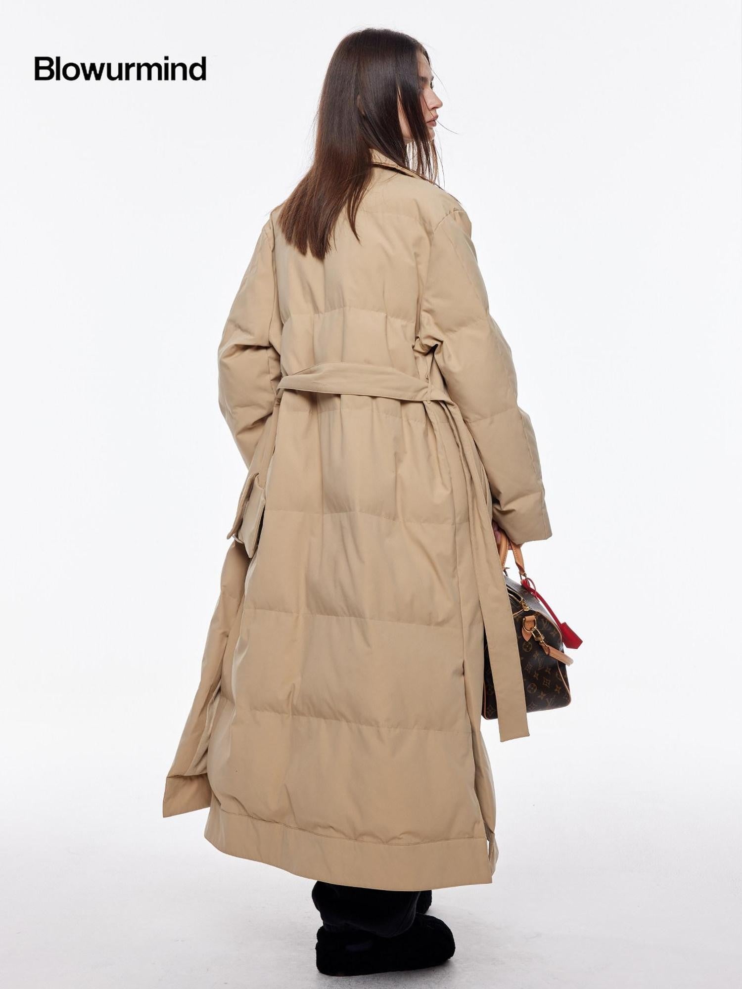 BUM STUDIO Vintage Lapel Tie Waist Longline Women's Nylon Cotton Filled Puffer Coats