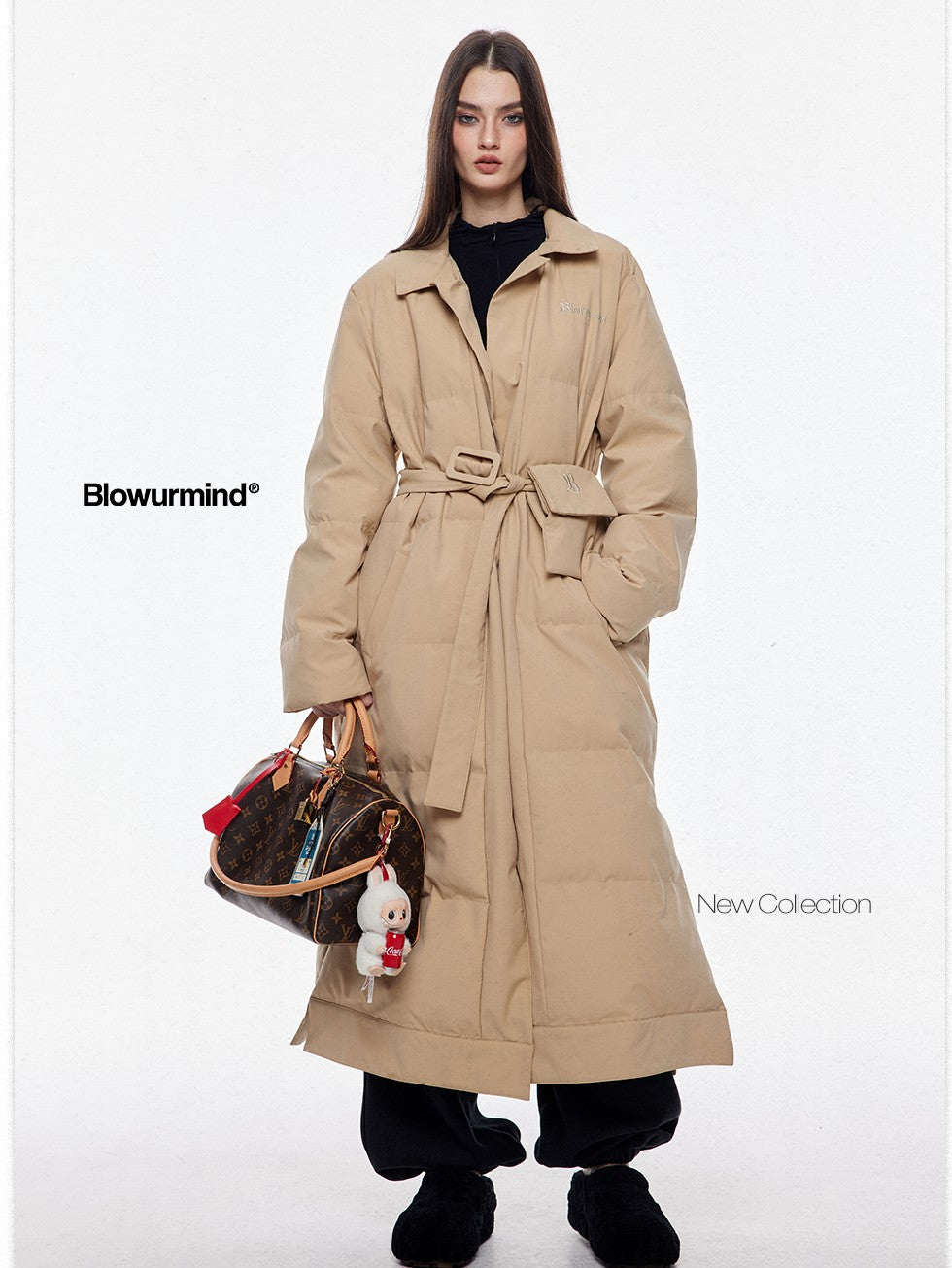 BUM STUDIO Vintage Lapel Tie Waist Longline Women's Nylon Cotton Filled Puffer Coats