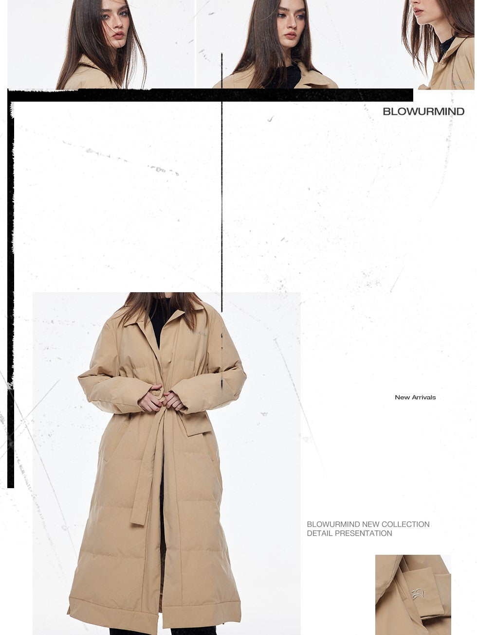 BUM STUDIO Vintage Lapel Tie Waist Longline Women's Nylon Cotton Filled Puffer Coats