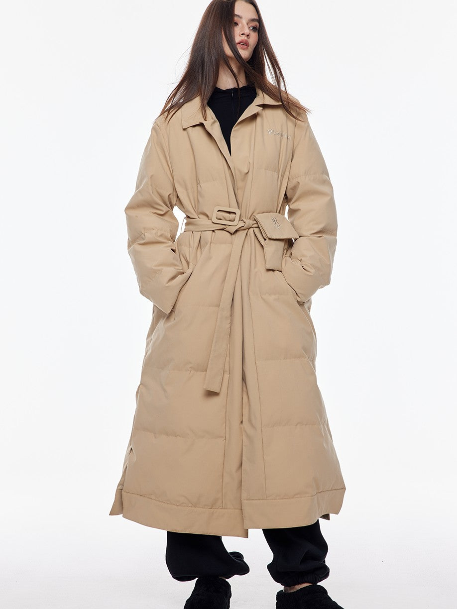 BUM STUDIO Vintage Lapel Tie Waist Longline Women's Nylon Cotton Filled Puffer Coats