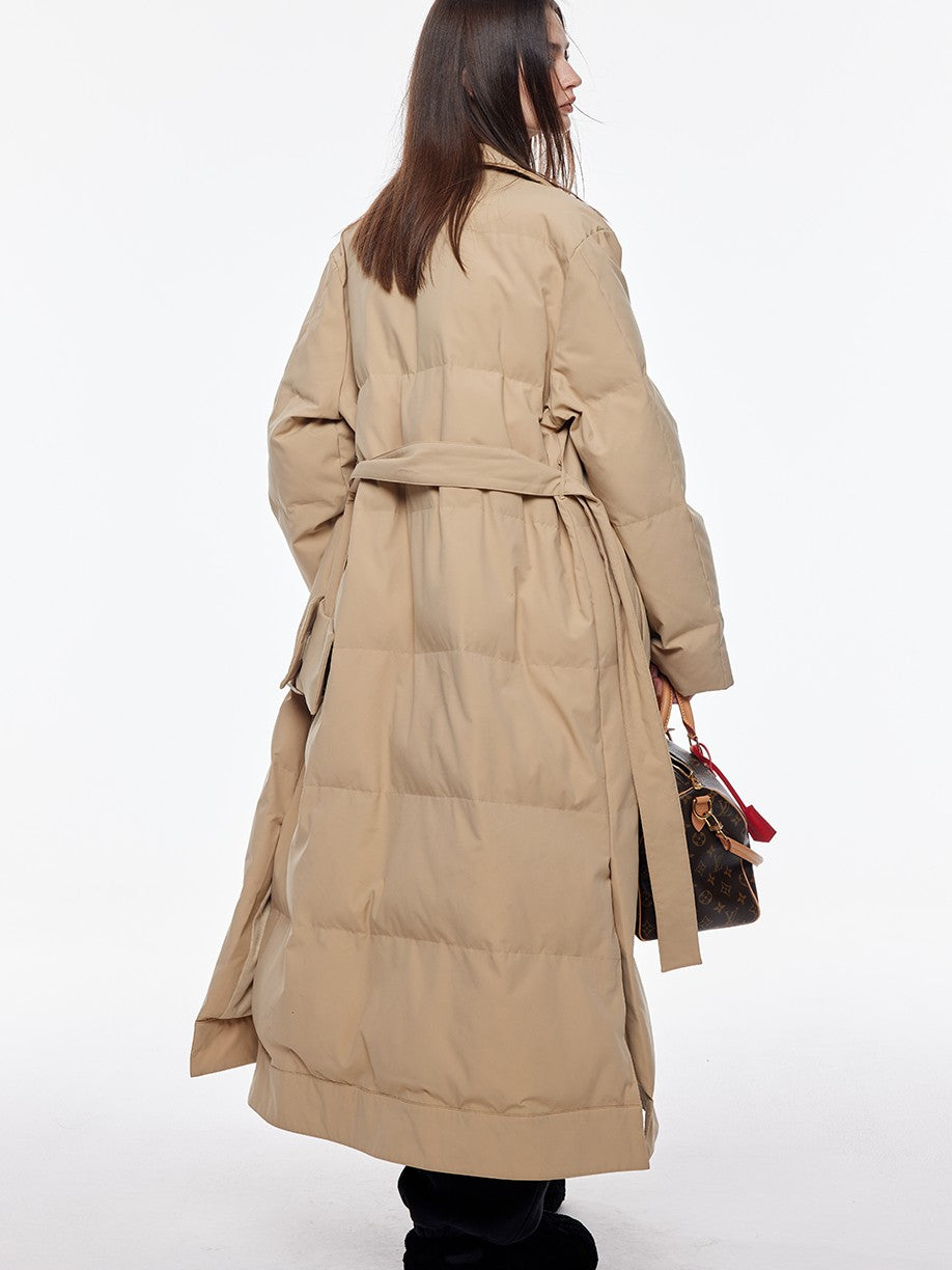 BUM STUDIO Vintage Lapel Tie Waist Longline Women's Nylon Cotton Filled Puffer Coats