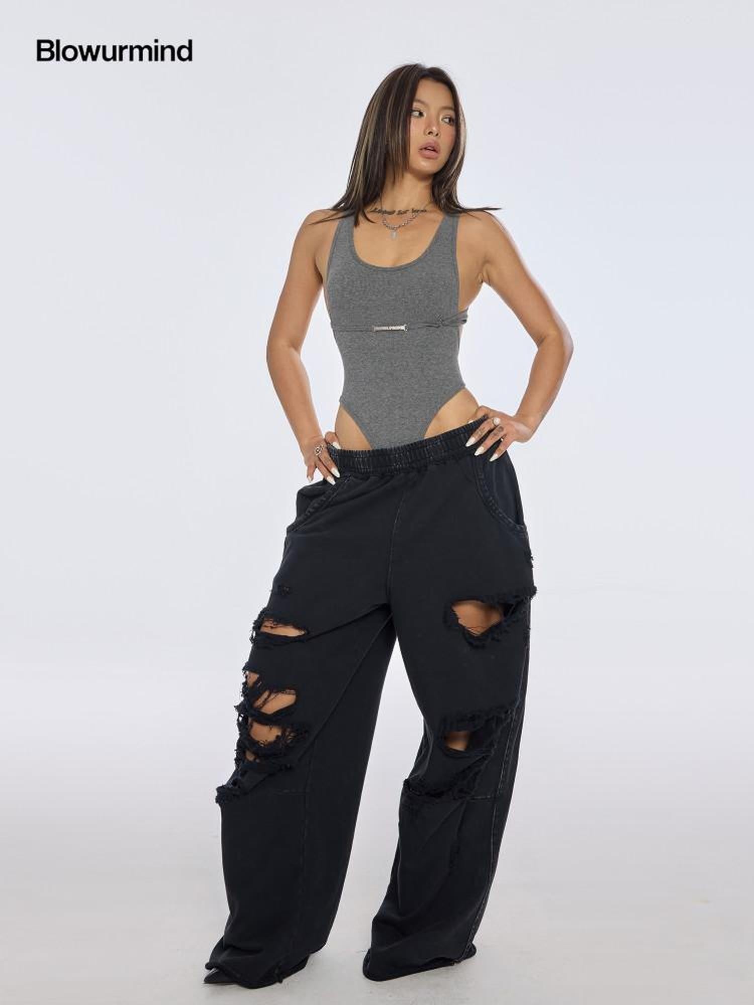 BUM STUDIO Washed Black Distressed Brushed Women's 100 Percent Cotton Sweatpants