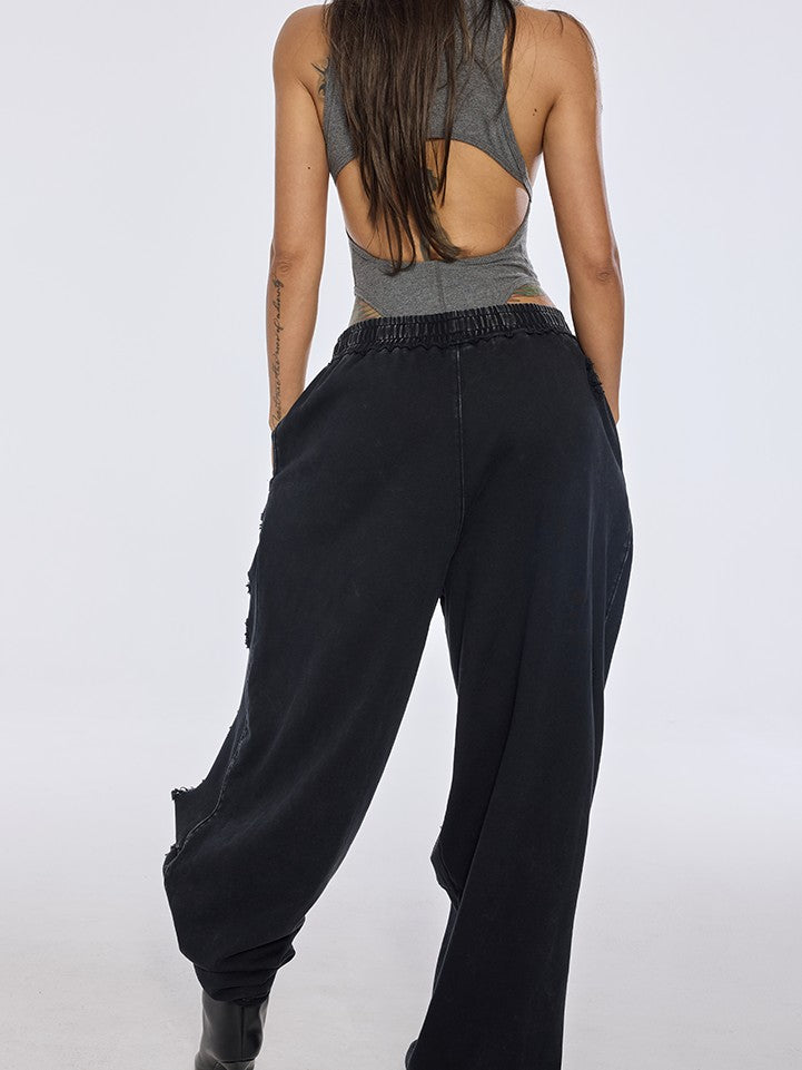 BUM STUDIO Washed Black Distressed Brushed Women's 100 Percent Cotton Sweatpants