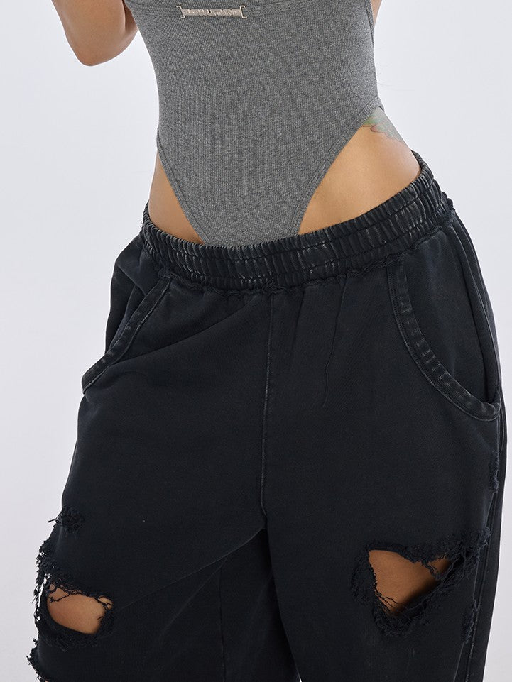 BUM STUDIO Washed Black Distressed Brushed Women's 100 Percent Cotton Sweatpants