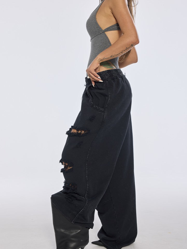 BUM STUDIO Washed Black Distressed Brushed Women's 100 Percent Cotton Sweatpants