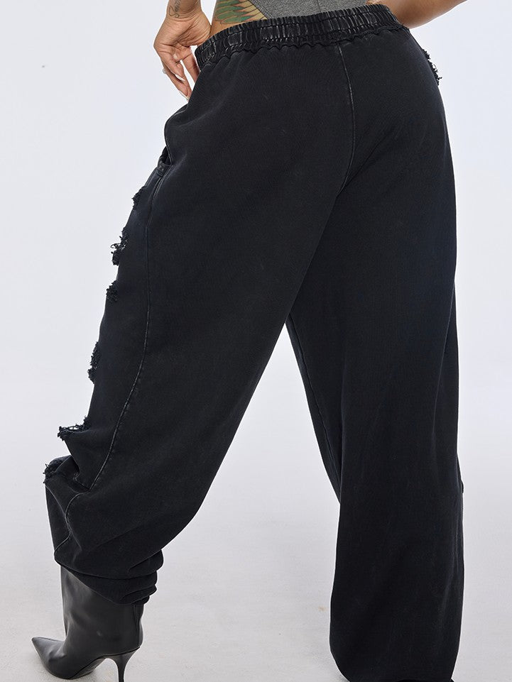 BUM STUDIO Washed Black Distressed Brushed Women's 100 Percent Cotton Sweatpants