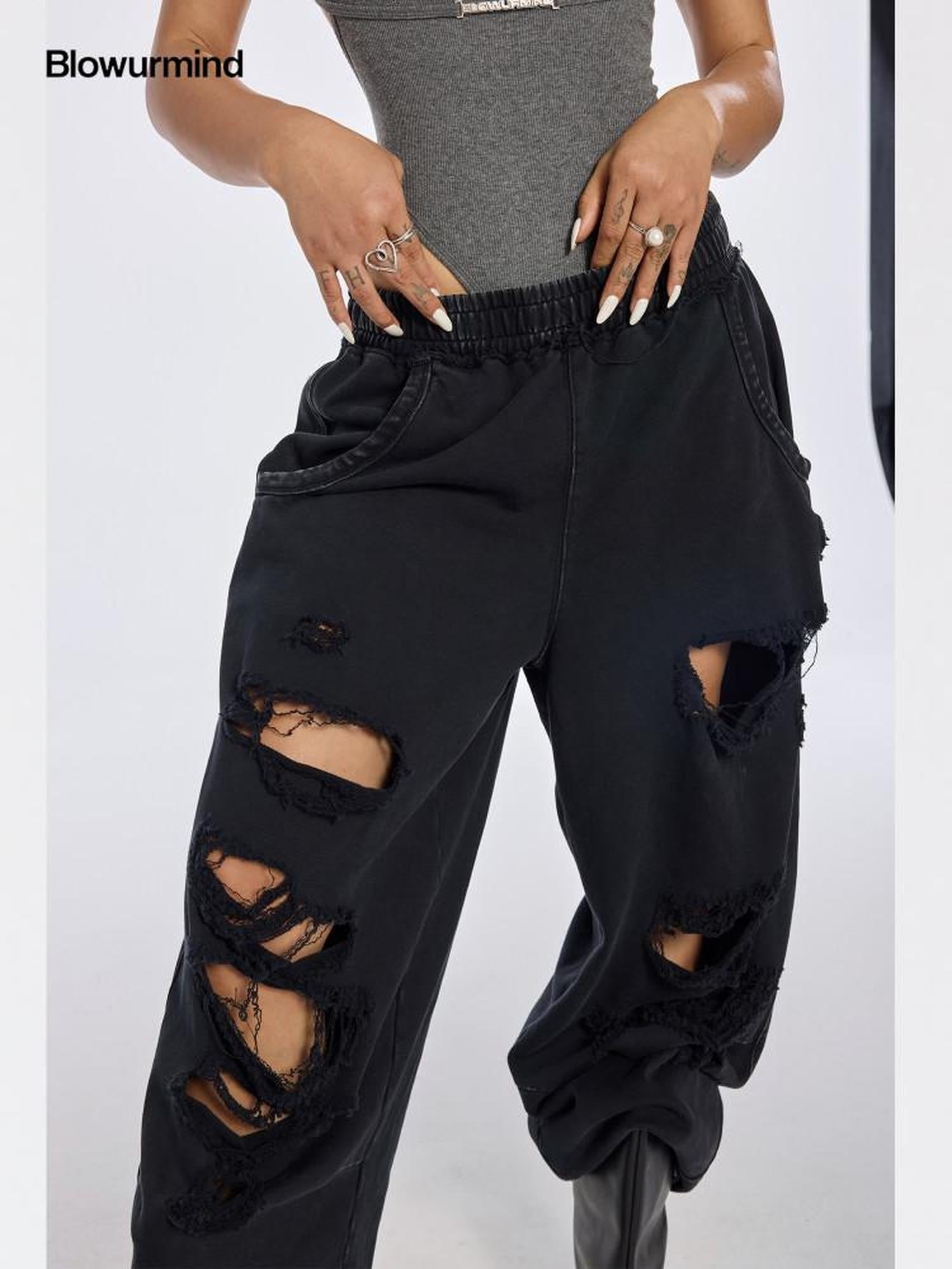BUM STUDIO Washed Black Distressed Brushed Women's 100 Percent Cotton Sweatpants