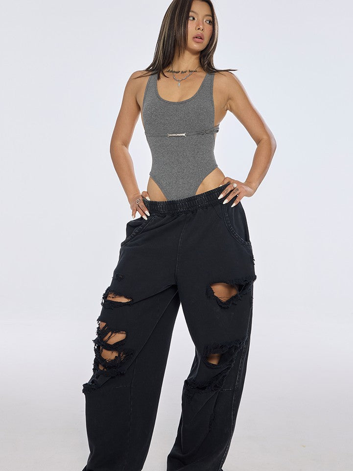 BUM STUDIO Washed Black Distressed Brushed Women's 100 Percent Cotton Sweatpants