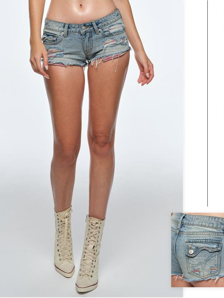 BUM STUDIO Washed Color Block Distressed Low Rise Cotton Women's Denim Shorts