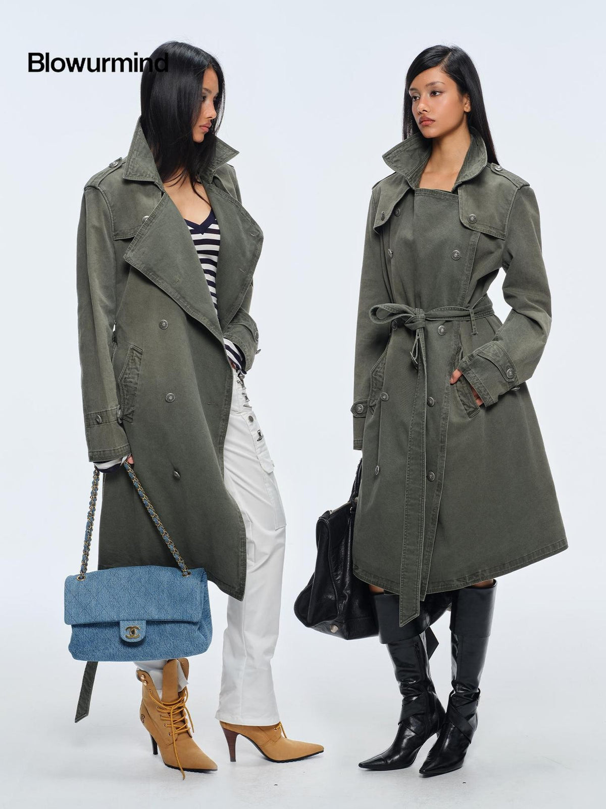 BUM STUDIO Washed Distressed Military Green Loose Fit Women's Cotton Trench Coats