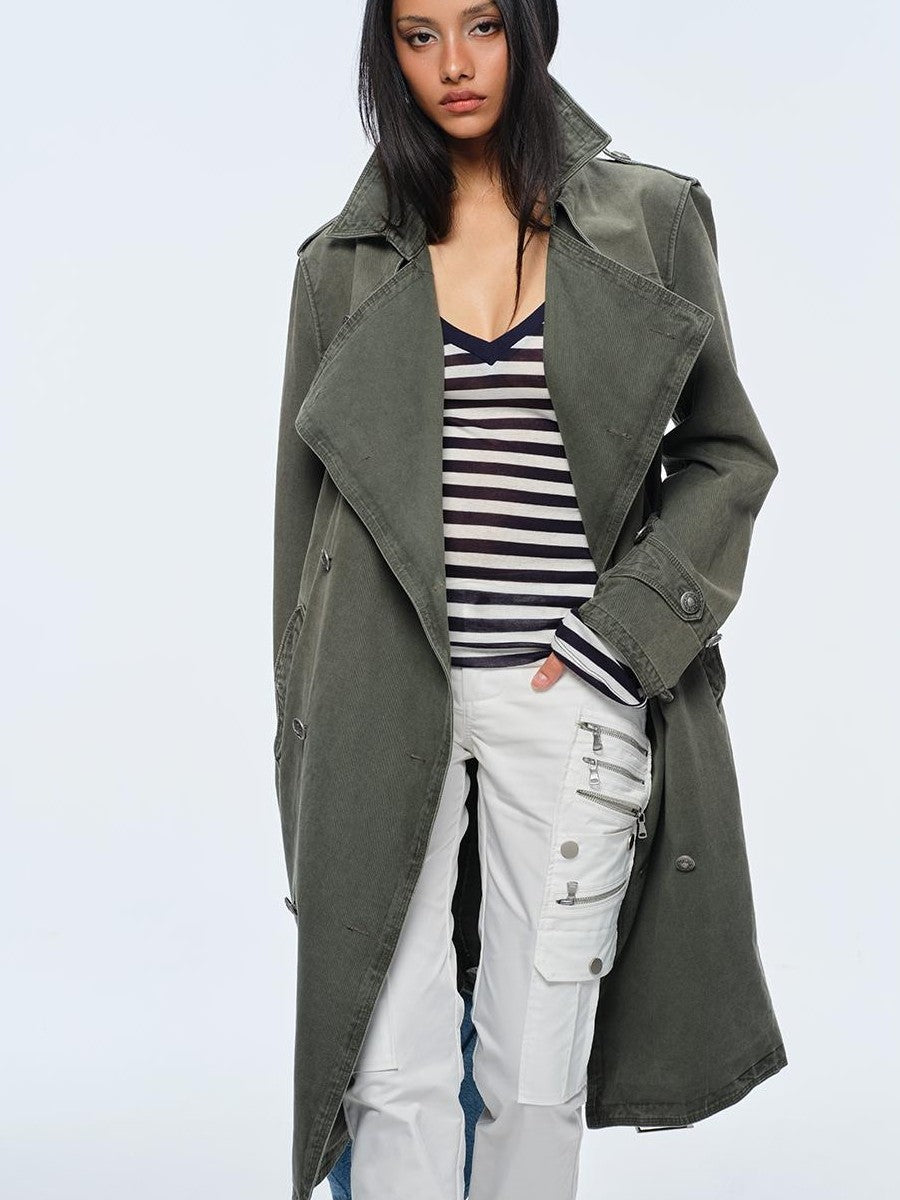 BUM STUDIO Washed Distressed Military Green Loose Fit Women's Cotton Trench Coats