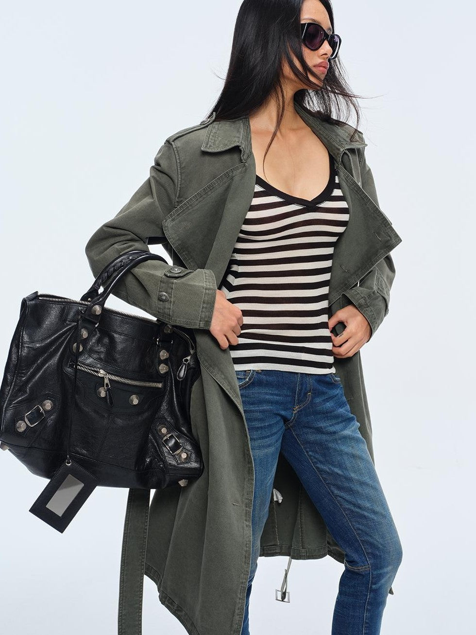 BUM STUDIO Washed Distressed Military Green Loose Fit Women's Cotton Trench Coats