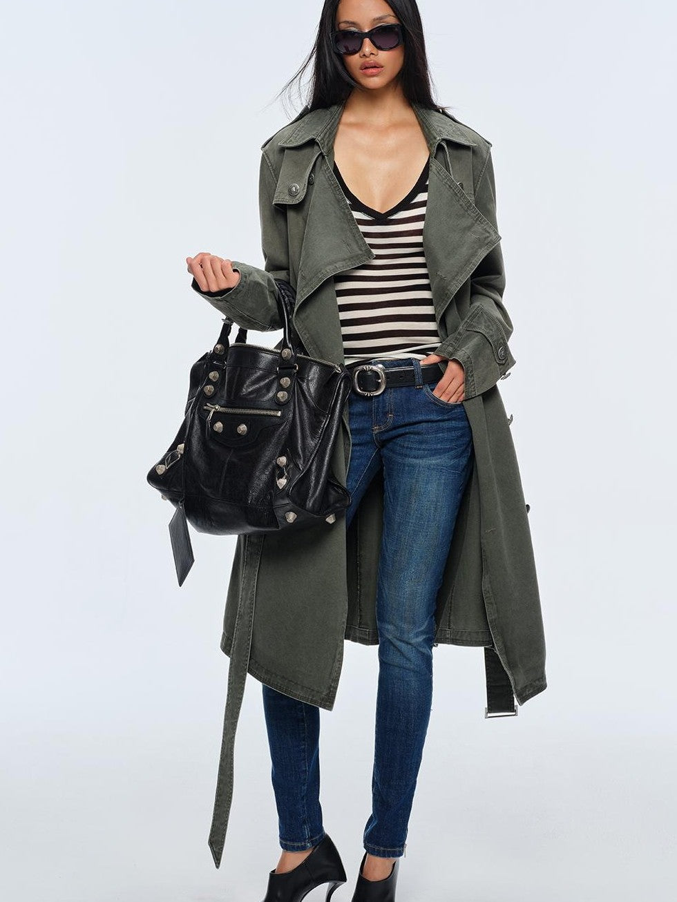 BUM STUDIO Washed Distressed Military Green Loose Fit Women's Cotton Trench Coats