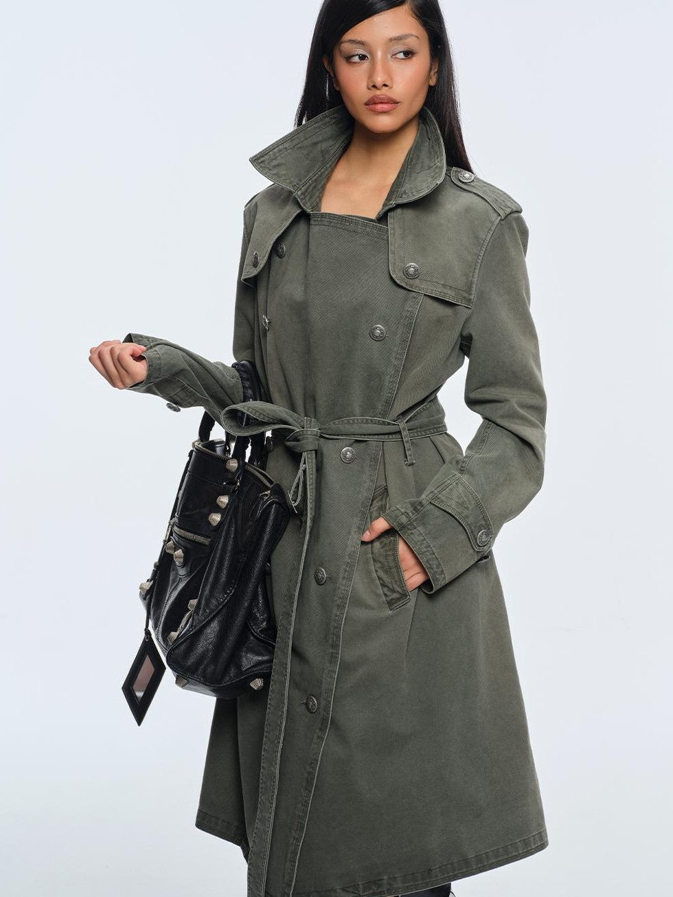BUM STUDIO Washed Distressed Military Green Loose Fit Women's Cotton Trench Coats