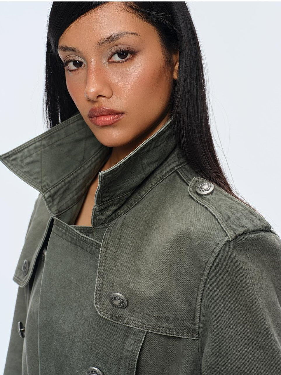 BUM STUDIO Washed Distressed Military Green Loose Fit Women's Cotton Trench Coats