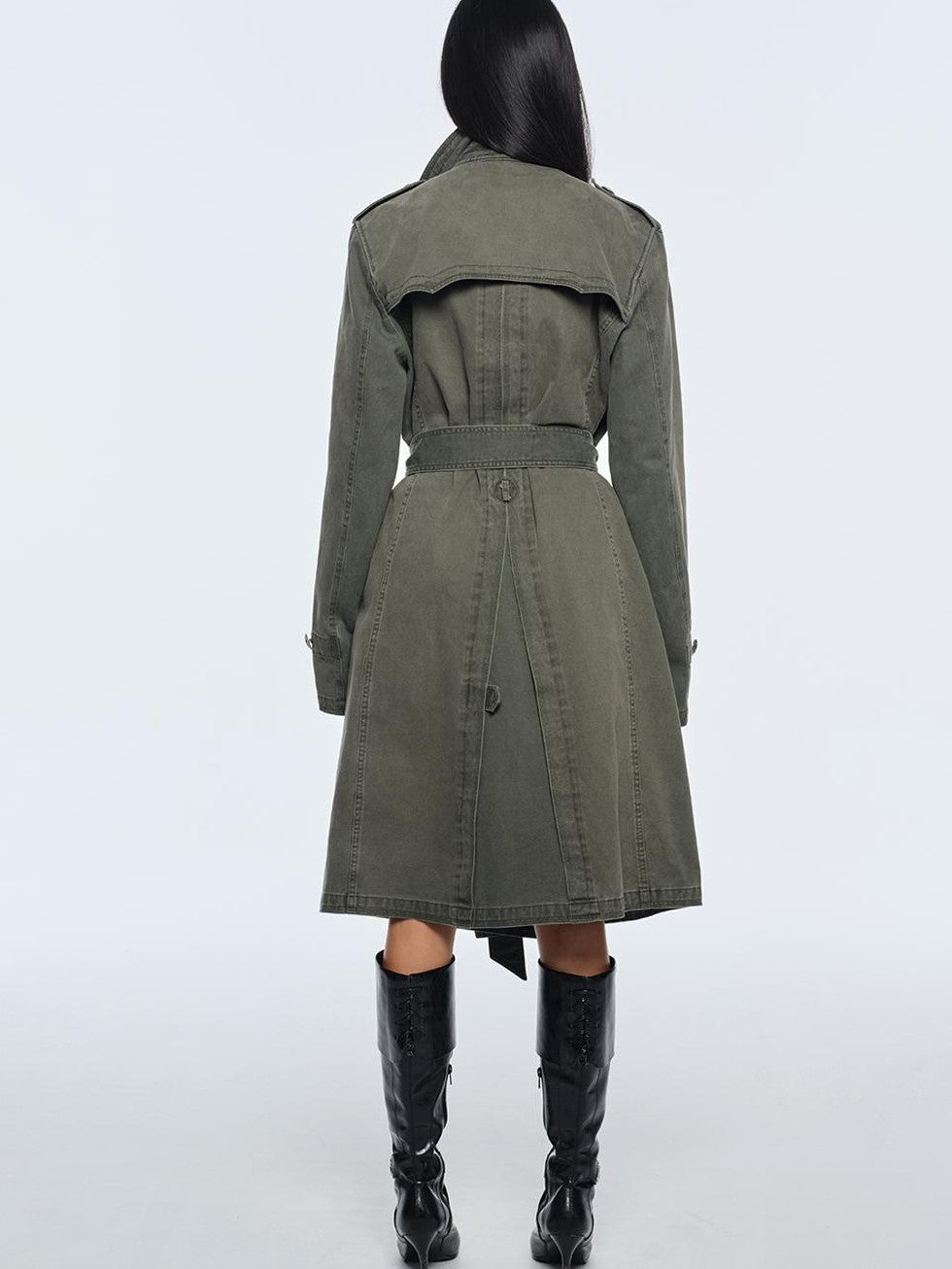 BUM STUDIO Washed Distressed Military Green Loose Fit Women's Cotton Trench Coats
