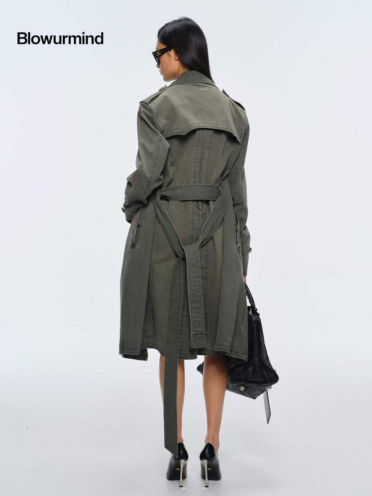 BUM STUDIO Washed Distressed Military Green Loose Fit Women's Cotton Trench Coats