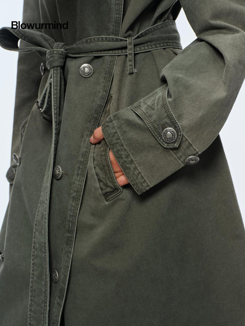 BUM STUDIO Washed Distressed Military Green Loose Fit Women's Cotton Trench Coats