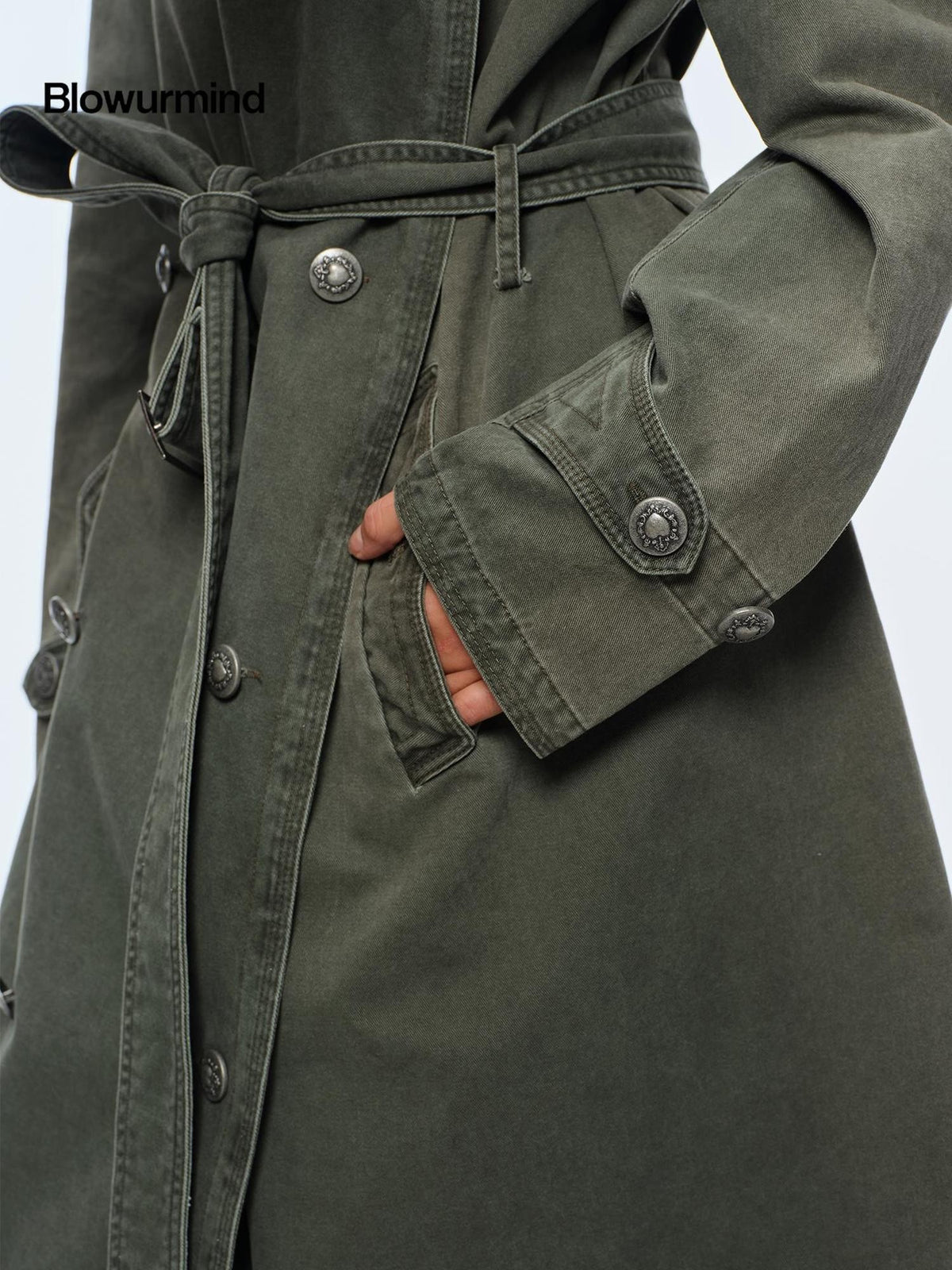 BUM STUDIO Washed Distressed Military Green Loose Fit Women's Cotton Trench Coats