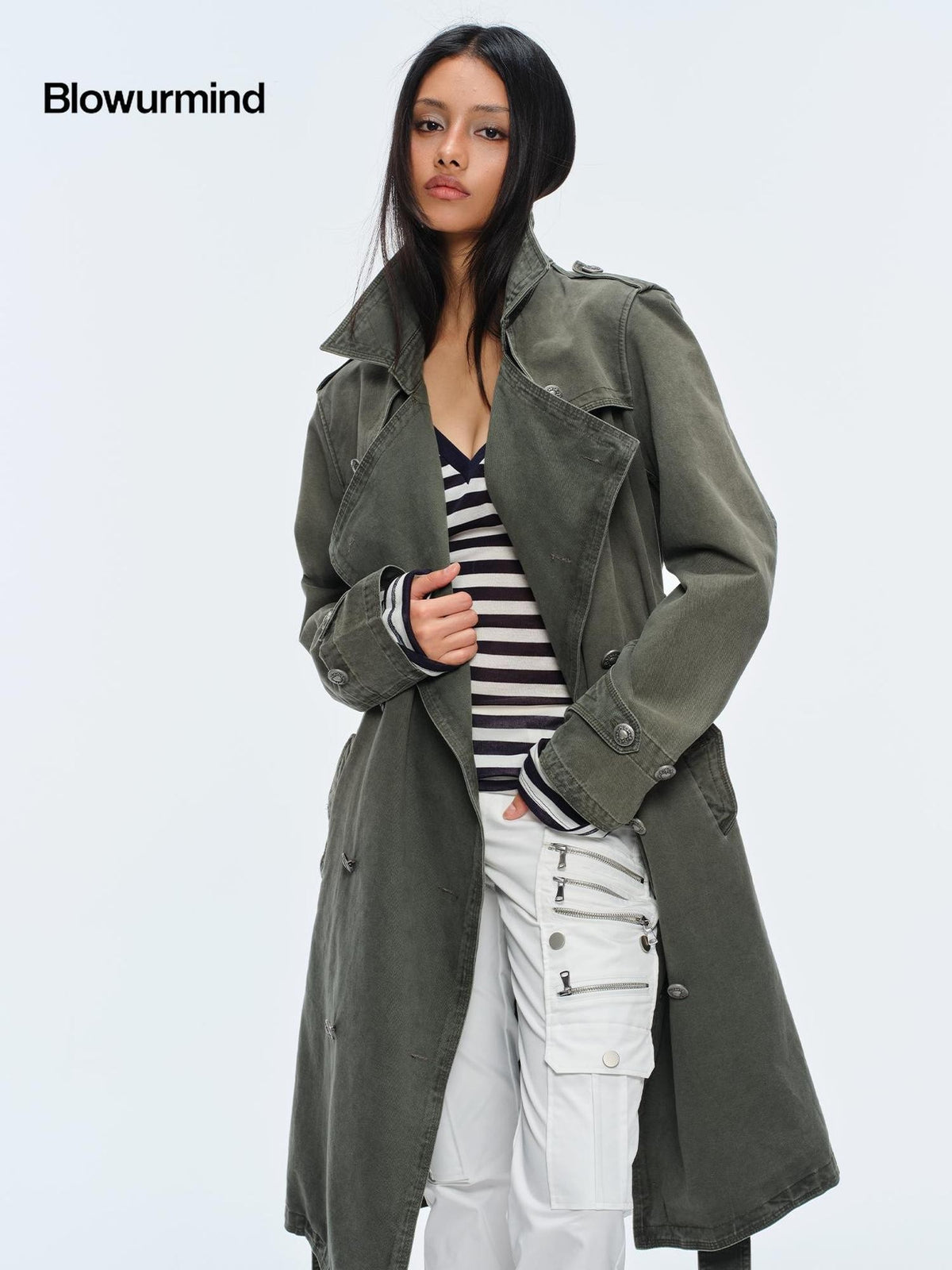 BUM STUDIO Washed Distressed Military Green Loose Fit Women's Cotton Trench Coats