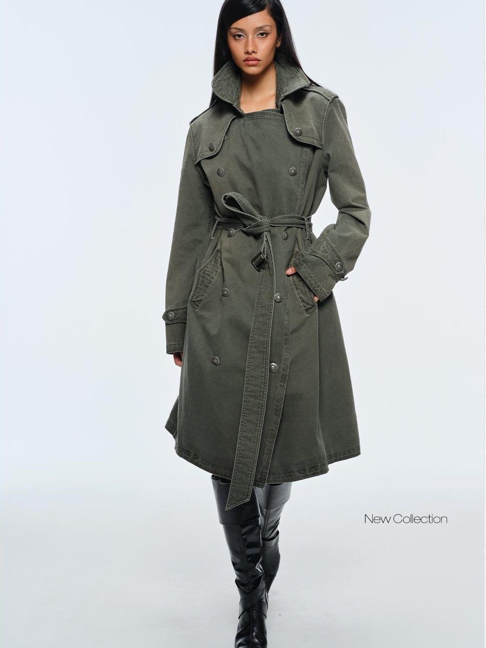 BUM STUDIO Washed Distressed Military Green Loose Fit Women's Cotton Trench Coats