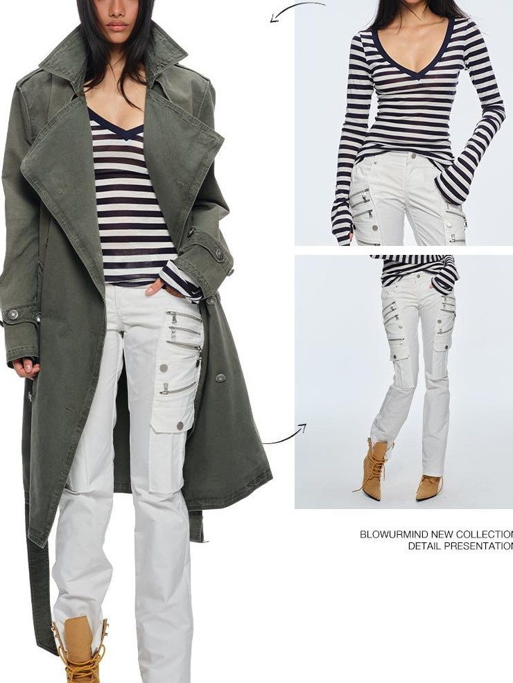 BUM STUDIO Washed Distressed Military Green Loose Fit Women's Cotton Trench Coats