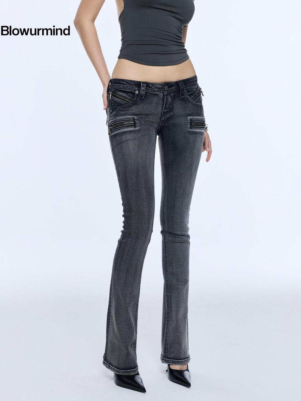 BUM STUDIO Washed High Density Denim Patchwork Pleated Low Rise Women's Cotton Skinny Jeans