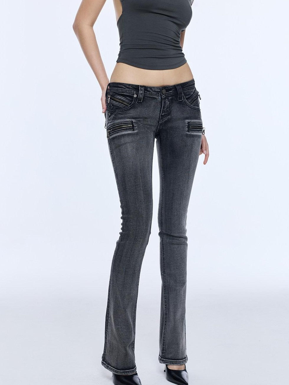 BUM STUDIO Washed High Density Denim Patchwork Pleated Low Rise Women's Cotton Skinny Jeans