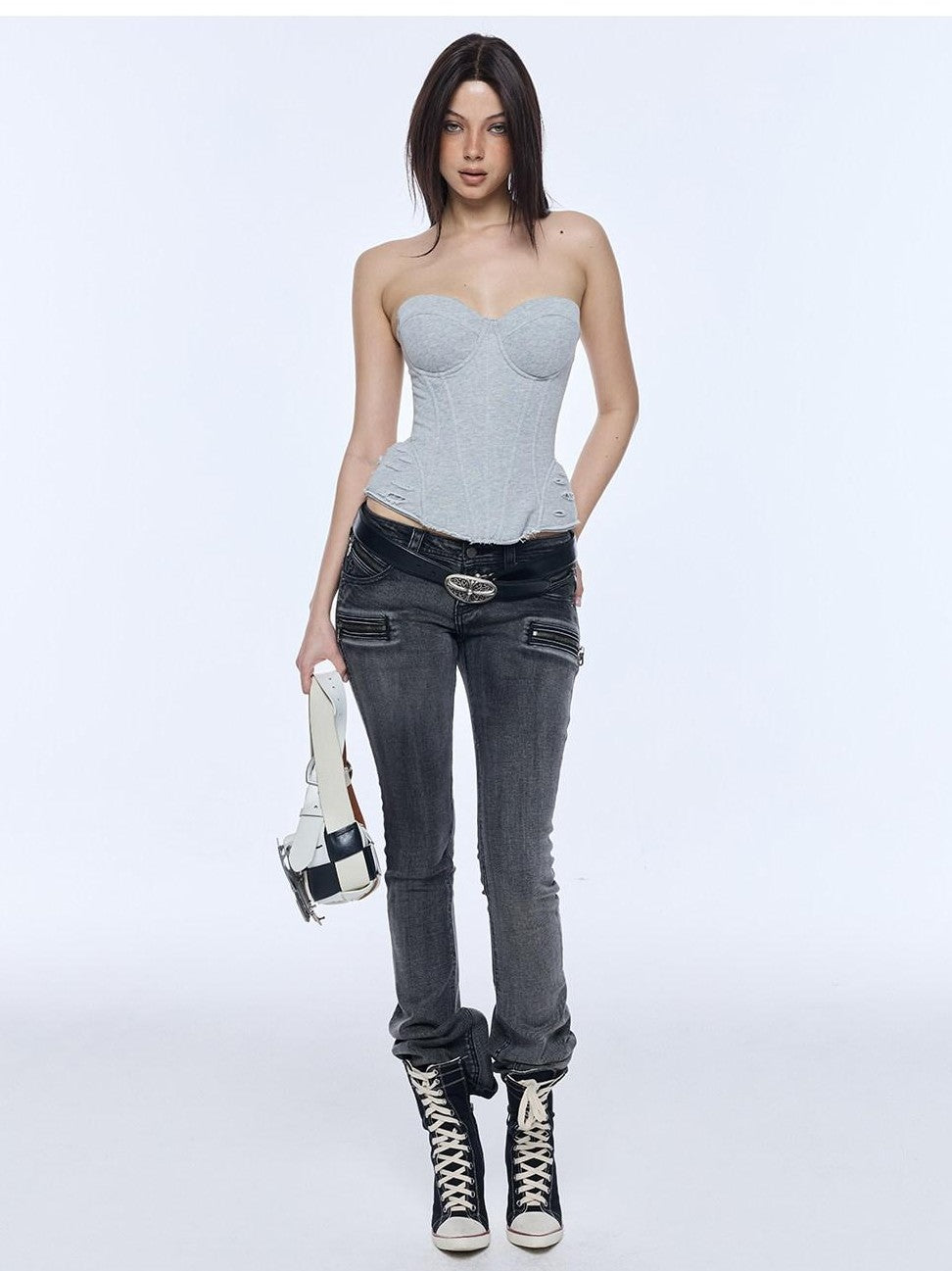 BUM STUDIO Washed High Density Denim Patchwork Pleated Low Rise Women's Cotton Skinny Jeans