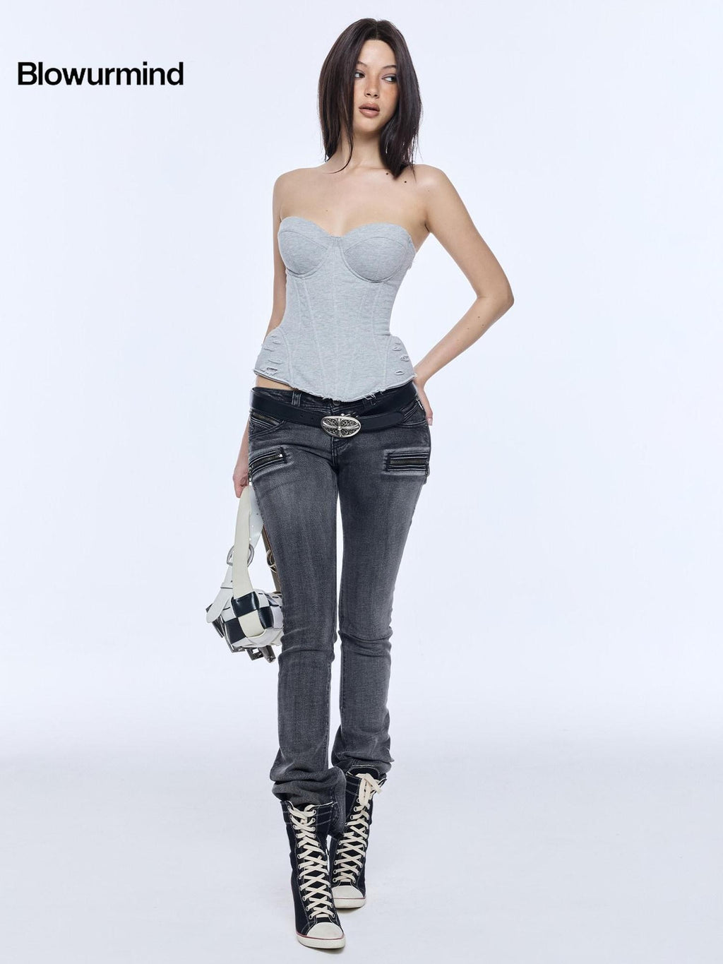 BUM STUDIO Washed High Density Denim Patchwork Pleated Low Rise Women's Cotton Skinny Jeans