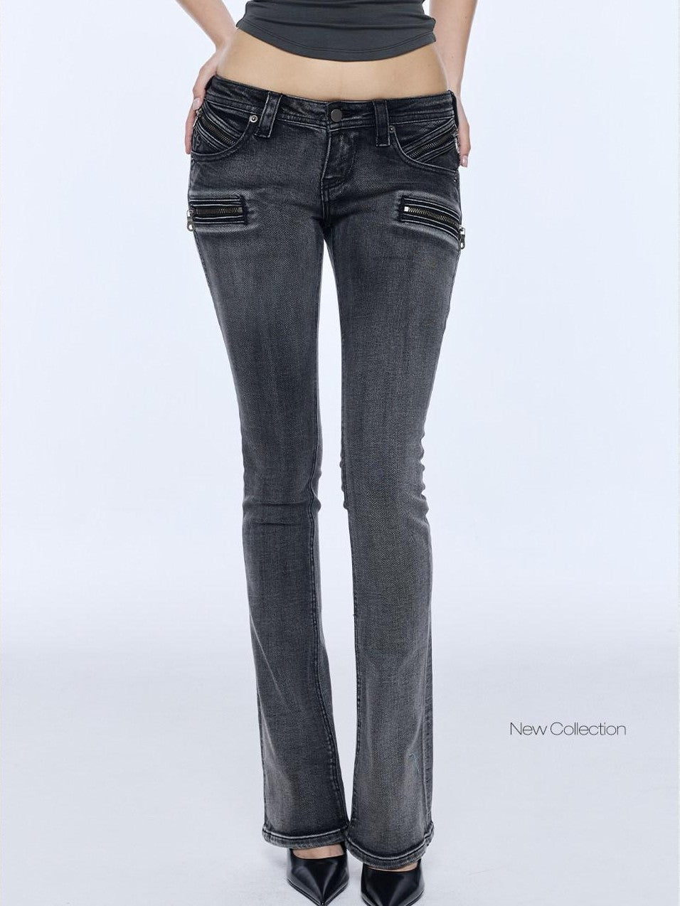BUM STUDIO Washed High Density Denim Patchwork Pleated Low Rise Women's Cotton Skinny Jeans