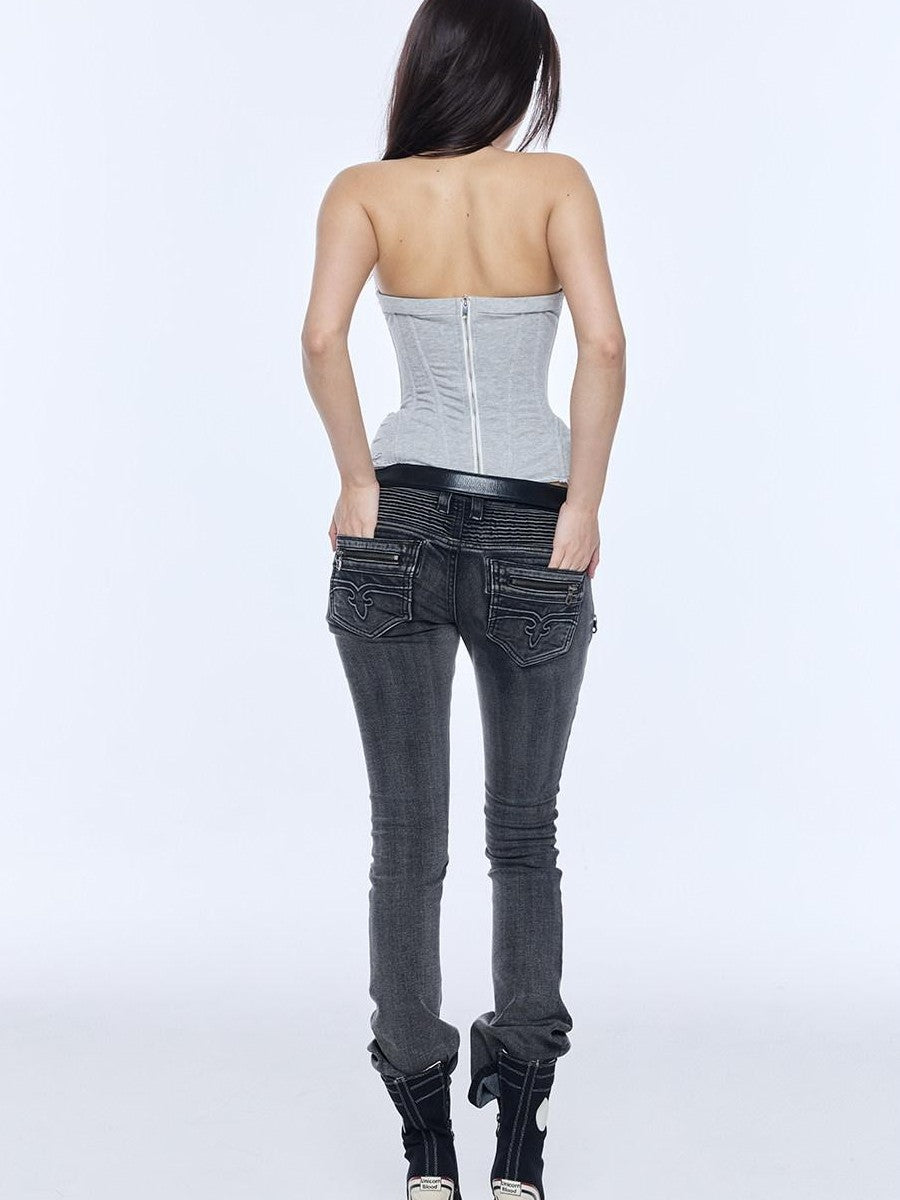 BUM STUDIO Washed High Density Denim Patchwork Pleated Low Rise Women's Cotton Skinny Jeans
