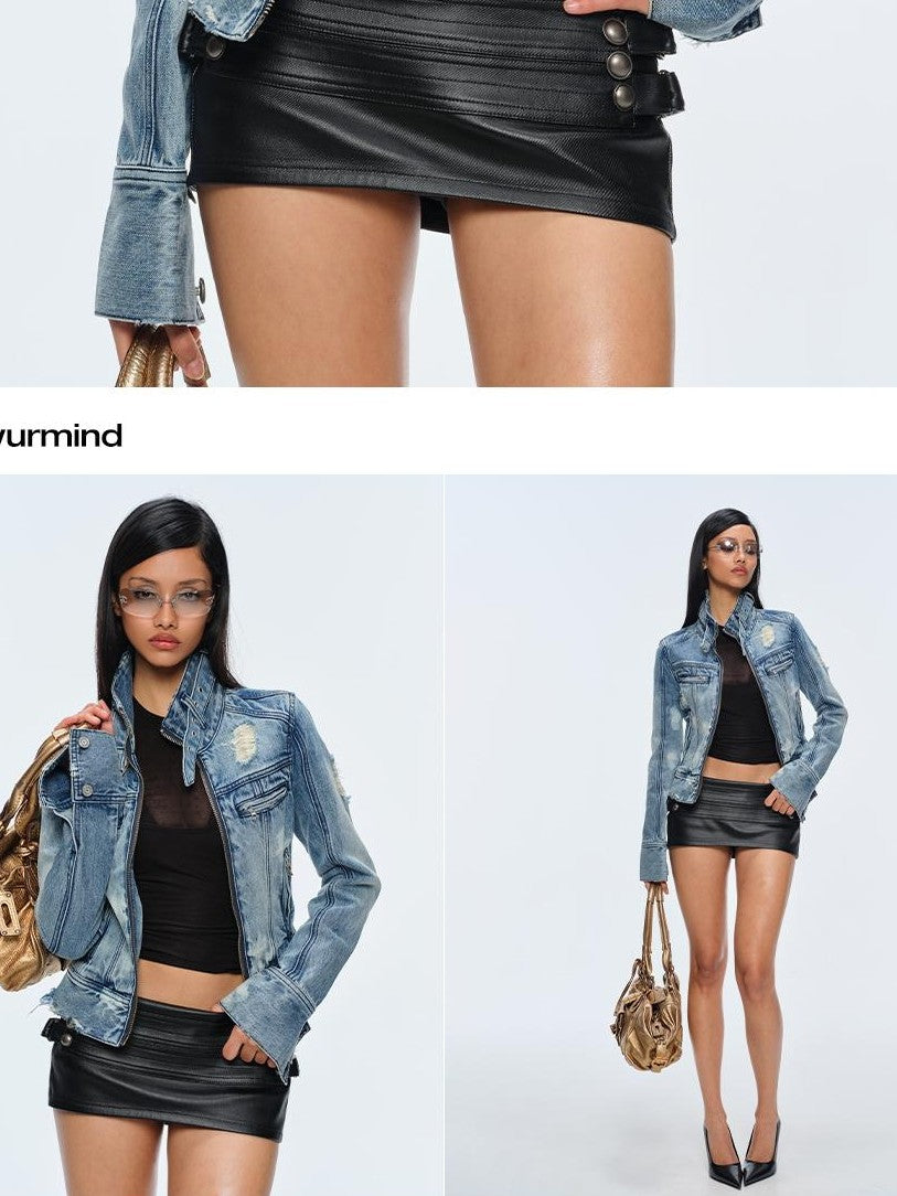 BUM STUDIO Washed Snow Dye Multi Metal Zip Slim Fit Women's Cotton Denim Jackets