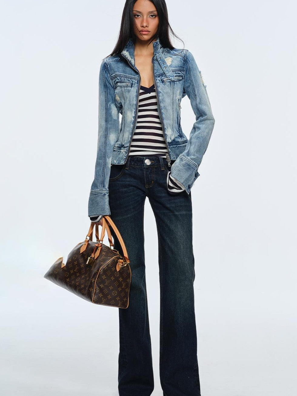 BUM STUDIO Washed Snow Dye Multi Metal Zip Slim Fit Women's Cotton Denim Jackets