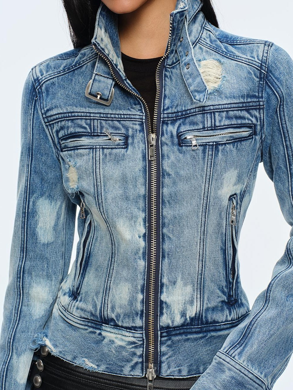 BUM STUDIO Washed Snow Dye Multi Metal Zip Slim Fit Women's Cotton Denim Jackets