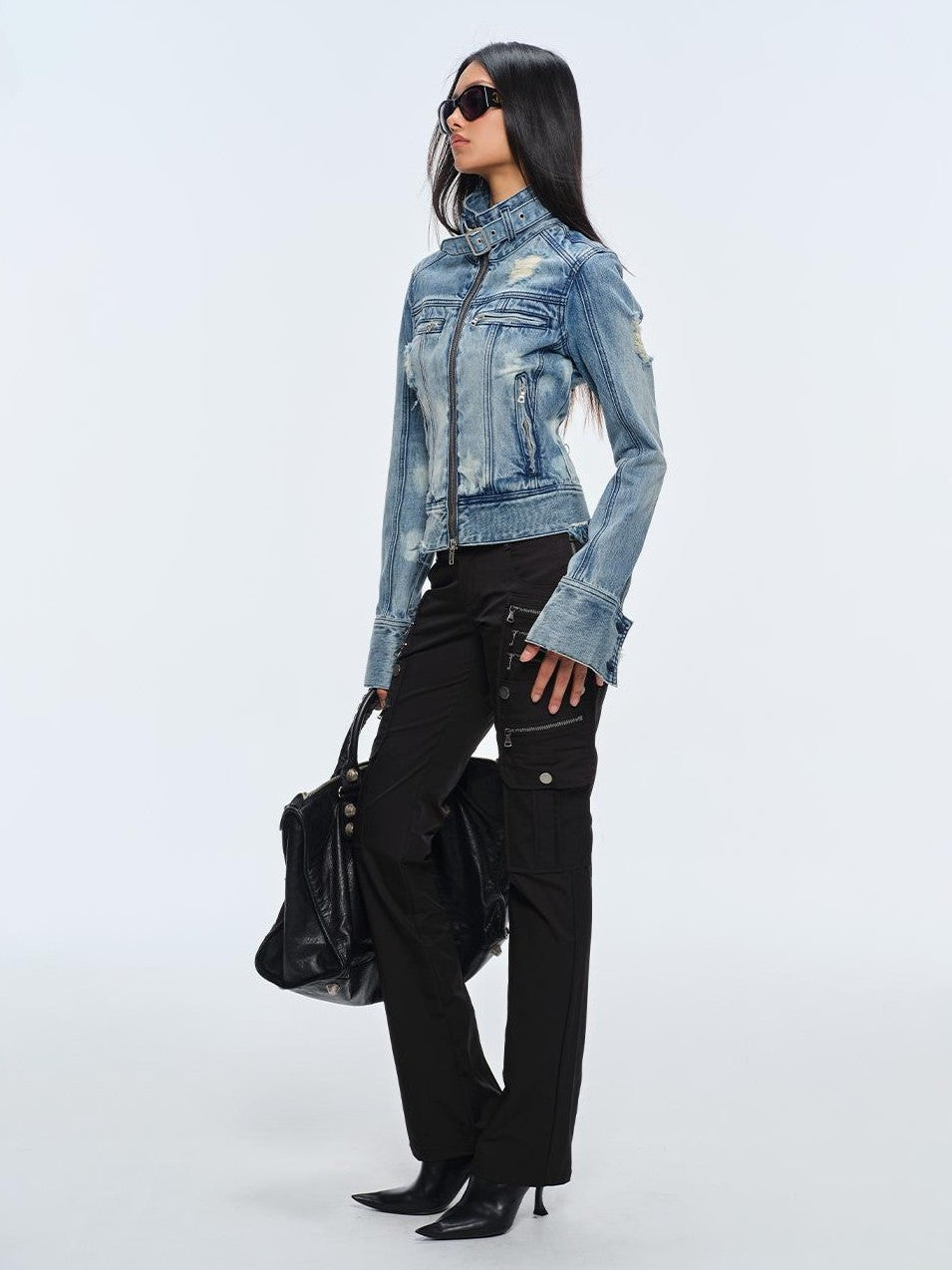 BUM STUDIO Washed Snow Dye Multi Metal Zip Slim Fit Women's Cotton Denim Jackets