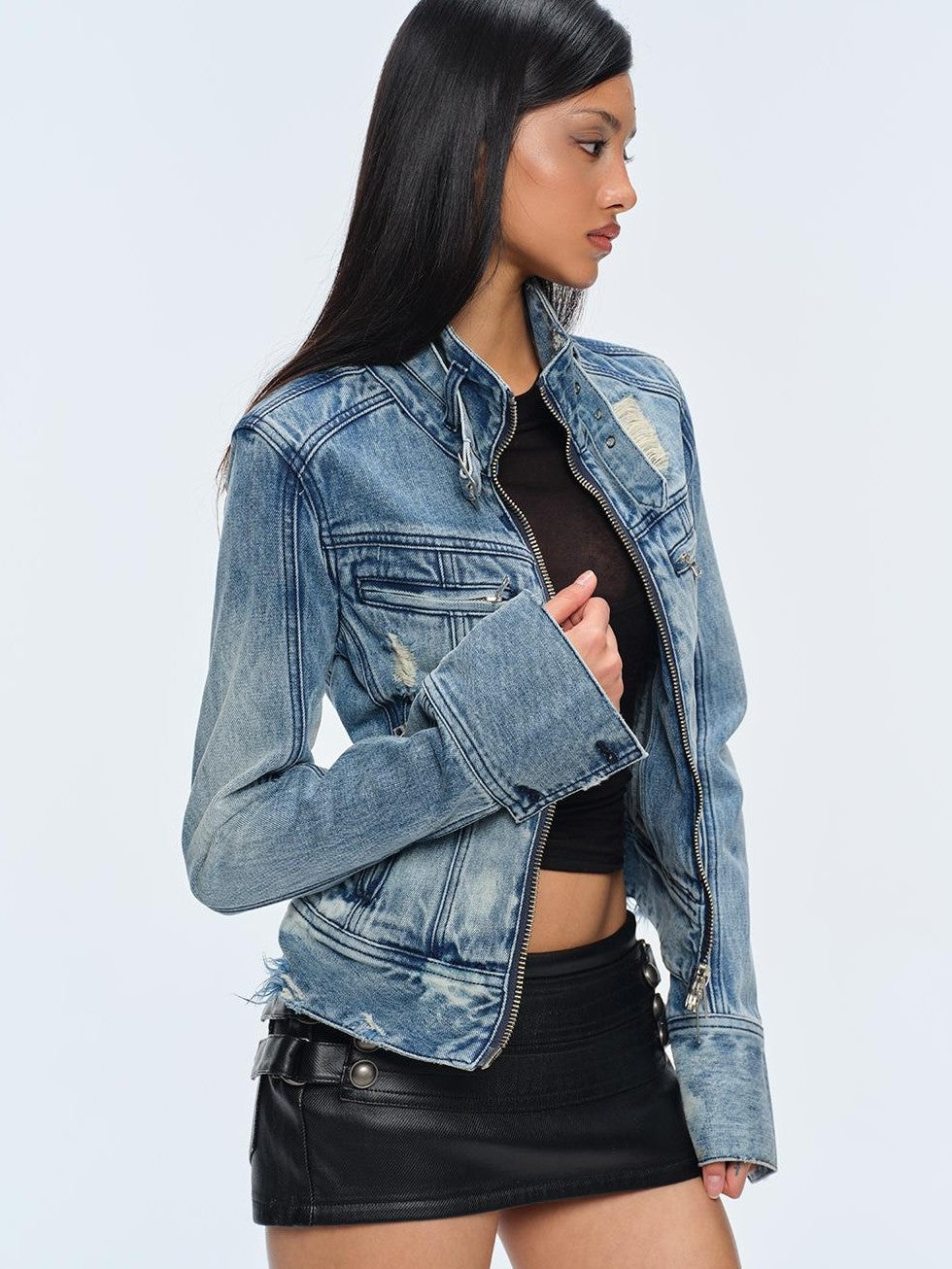 BUM STUDIO Washed Snow Dye Multi Metal Zip Slim Fit Women's Cotton Denim Jackets