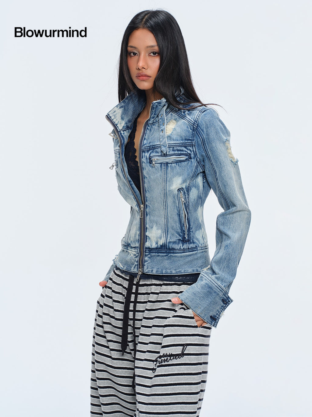 BUM STUDIO Washed Snow Dye Multi Metal Zip Slim Fit Women's Cotton Denim Jackets