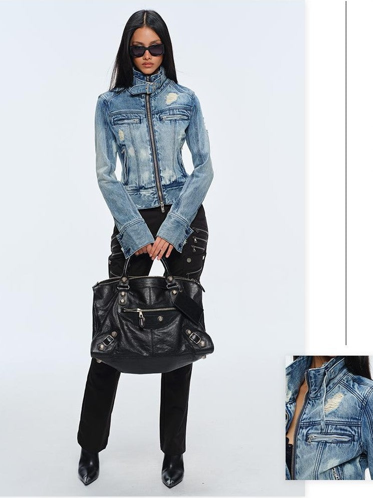 BUM STUDIO Washed Snow Dye Multi Metal Zip Slim Fit Women's Cotton Denim Jackets